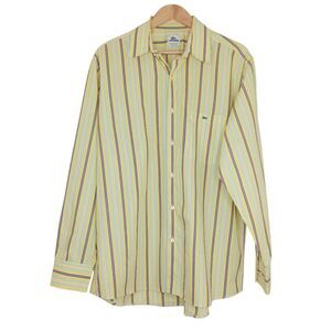 Lacoste Men's Yellow Button-Up Shirt Green Brown Stripes Size 44 Business Casual